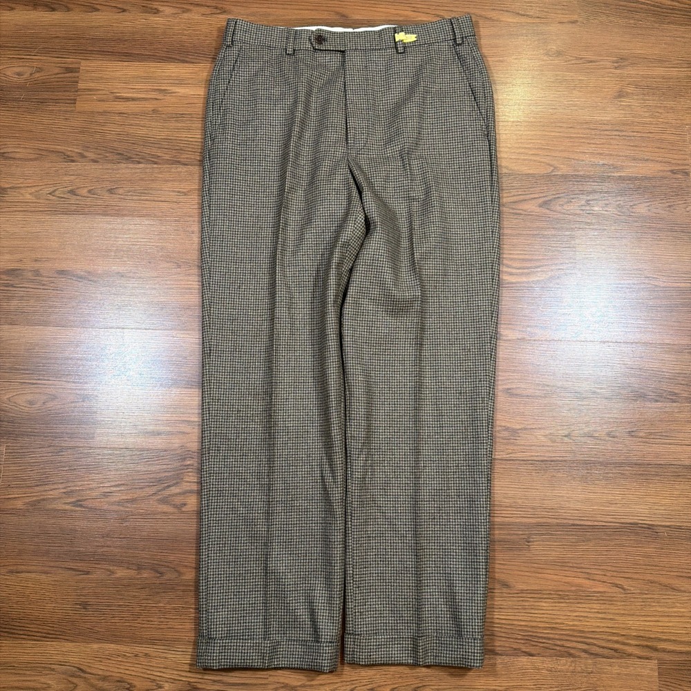 Brooks Brothers Wool Trousers Mens 34x31 Brown Pleated Houndstooth Dress Pants